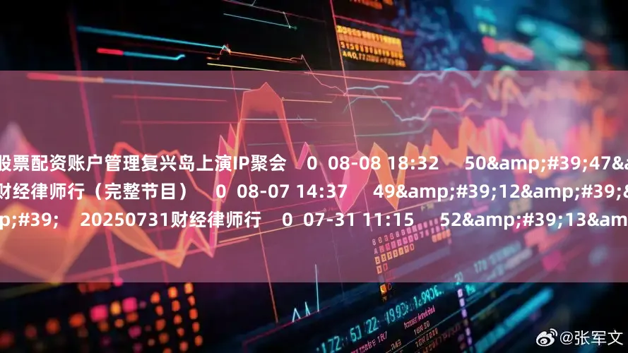 股票配资账户管理复兴岛上演IP聚会    0  08-08 18:32     50&#39;47&#39;&#39;    20250807财经律师行（完整节目）    0  08-07 14:37     49&#39;12&#39;&#39;    20250731财经律师行    0  07-31 11:15     52&#39;1